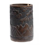 A CHINESE CARVED BAMBOO BRUSH POT, 19TH/20TH C  15cm h ++Severe shrinkage crack and dirty,