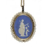 A ROSE DIAMOND, CULTURED PEARL AND GOLD PENDANT,  SET WITH A WEDGWOOD BLUE AND WHITE JASPER WARE