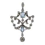 AN AQUAMARINE AND DIAMOND PENDANT   with diamond collet drop, in 18ct white gold, London 2015 ++In