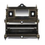 A VICTORIAN ORMOLU MOUNTED AND EBONISED MAHOGANY BONHEUR DU JOUR, C1870  inset with five Wedgwood