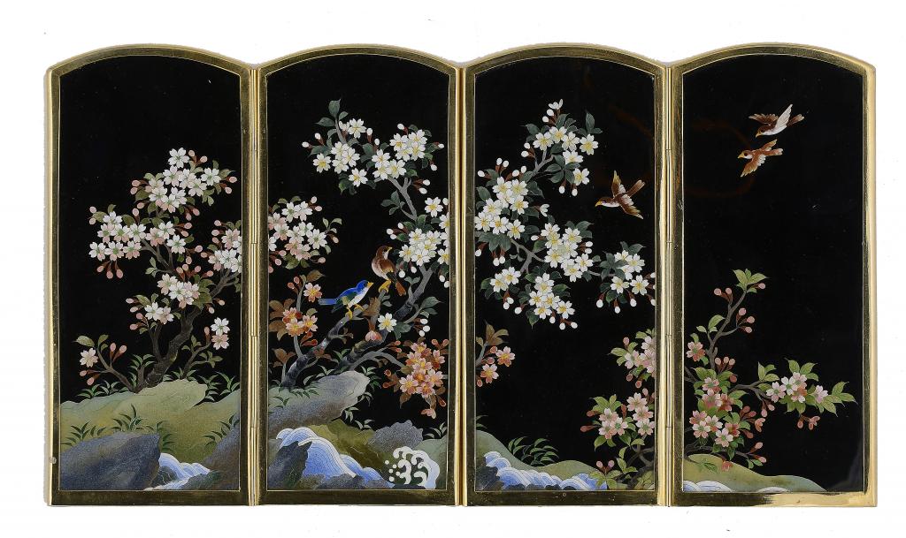 A JAPANESE SILVER MOUNTED CLOISONNÉ ENAMEL MINIATURE SCREEN BY THE INABA CLOISONNÉ COMPANY, SECOND