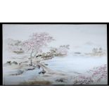 A JAPANESE PORCELAIN PLAQUE, EARLY 20TH C  painted with cherry trees and a village, Mount Fuji in