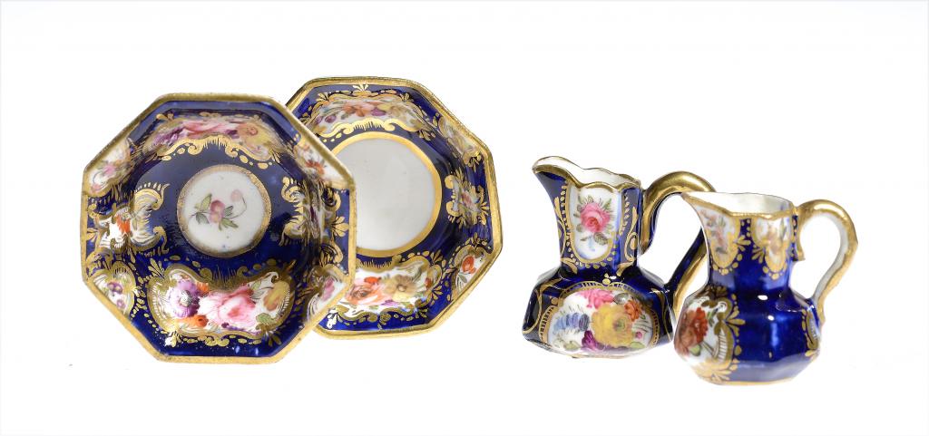 A DAVENPORT COBALT GROUND TOY JUG AND BASIN AND A SIMILAR CONTEMPORARY JUG AND BASIN, C1825  painted