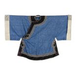 A CHINESE BLUE SILK ROBE, EARLY 20TH C  woven with bats and other auspicious emblems, appliqué