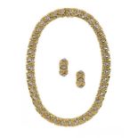 A DIAMOND PAVÉ SET TWO COLOUR GOLD NECKLACE AND  EARRINGS marked 18K ++The ring from the back of one