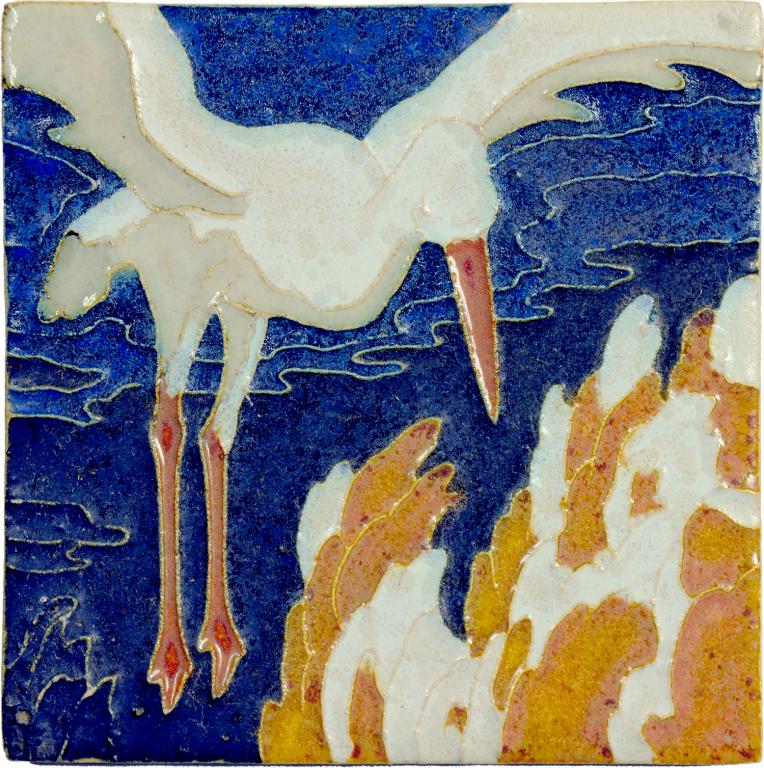 SIXTY-TWO DUTCH FOUR INCH CLOISONNÉ STORK TILES  DESIGNED BY L E F BODART AND MANUFACTURED BY DE