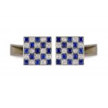 A PAIR OF CARTIER SAPPHIRE AND DIAMOND CHEQUER CUFFLINKS in platinum, maker's mark, London 2000,