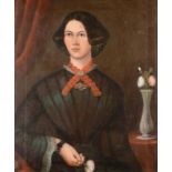 BRITISH  NAIVE ARTIST, 19TH C PORTRAIT OF A LADY  half length in a brown dress, a rose in her