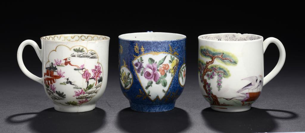 THREE WORCESTER POLYCHROME COFFEE CUPS, C1760-65  two,in the Stag Hunt or Valentine pattern, the