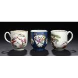 THREE WORCESTER POLYCHROME COFFEE CUPS, C1760-65  two,in the Stag Hunt or Valentine pattern, the