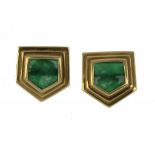 A PAIR OF SHIELD SHAPED EMERALD AND GOLD CUFF LINKS  marked 750 ++In good second hand condition,