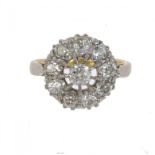 A DIAMOND OPEN CLUSTER RING  with cushion shaped old cut diamonds in gold, size M ++In very good