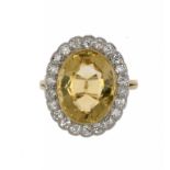 A CITRINE AND DIAMOND CLUSTER RING in gold with wirework hoop, size F ++Light wear only