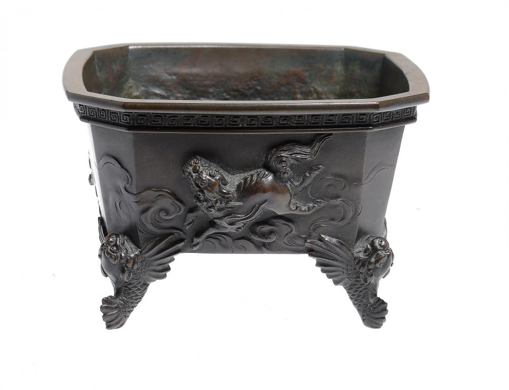 A CHINESE BRONZE CENSER, 19TH/20th C  cast and chiselled in high relief with qilin, 16.5cm w ++In
