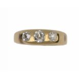 A DIAMOND RING with three old cut diamonds in 18ct gold, size P ++In second hand condition showing