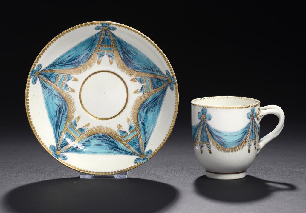 A WORCESTER COFFEE CUP AND SAUCER FROM THE STORMONT SERVICE, C1778-82 enamelled with turquoise