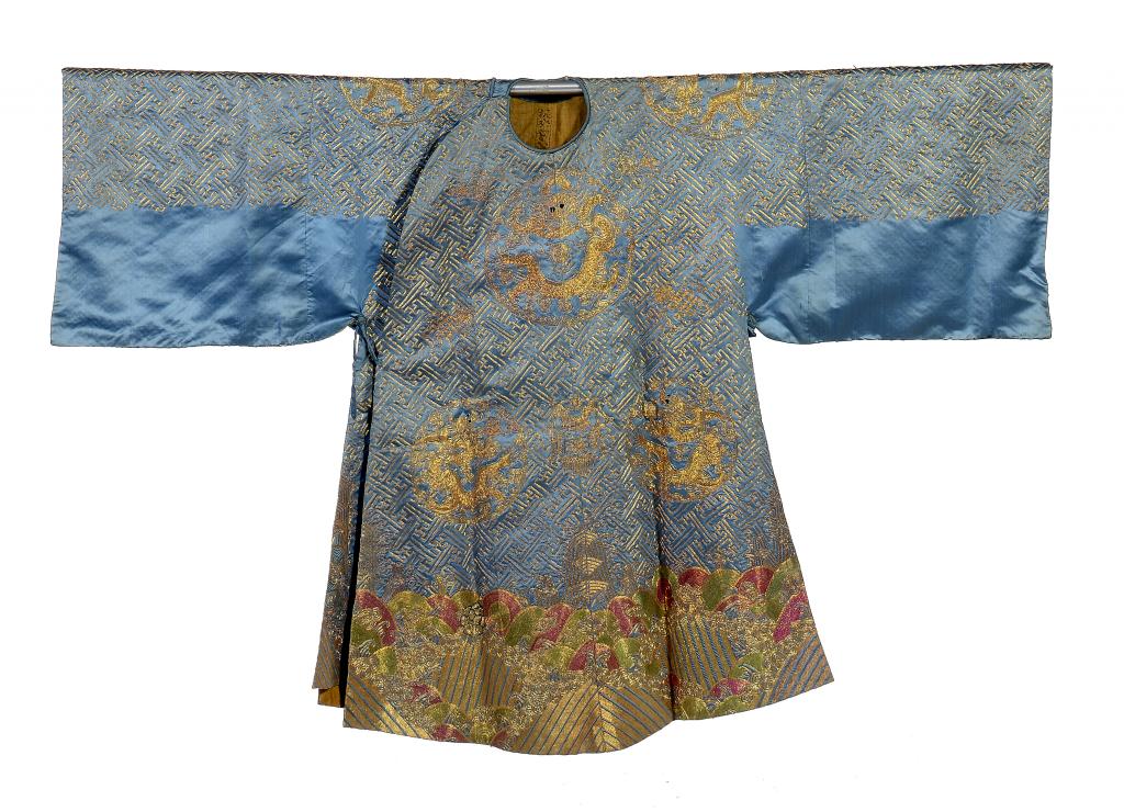 A CHINESE LIGHT BLUE SILK   DRAGON ROBE, LATE 19TH/EARLY 20TH C worked in metal thread and lime