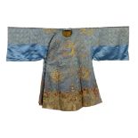 A CHINESE LIGHT BLUE SILK   DRAGON ROBE, LATE 19TH/EARLY 20TH C worked in metal thread and lime