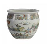 A CHINESE FAMILLE ROSE FISH BOWL, 19TH/20TH C enamelled with warriors and rocks, 33cm h ++In fine