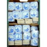 TWO HUNDRED AND FIFTY DUTCH FIVE INCH BLUE AND WHITE TILES PAINTED WITH FRAMED RIVER SCENES OR