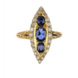 A VICTORIAN SAPPHIRE AND DIAMOND MARQUISE CLUSTER RING in 18ct gold, London 1894, size M ++In fine