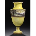 AN ENGLISH PORCELAIN CANARY YELLOW GROUND VASE, POSSIBLY COALPORT, C1805  painted with ruins in a