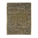 A VICTORIAN SILVER GILT 'CASTLE' TOP CARD CASE BY NATHANIEL MILLS  the sides die stamped with