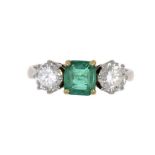 AN EMERALD AND DIAMOND RING  in gold, marked 18ct PLAT, size O ++In second hand condition, the