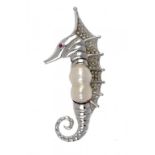 A DIAMOND, BAROQUE PEARL AND WHITE GOLD SEAHORSE BROOCH, LATE 20TH C with ruby eye  ++In fine