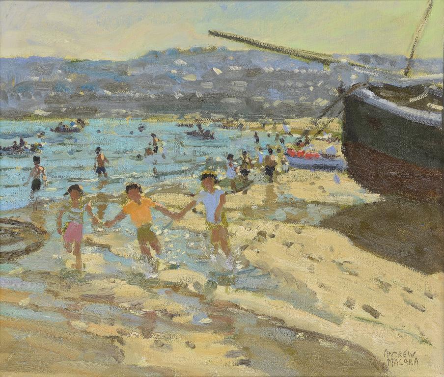 †ANDREW MACARA (1944-) THREE CHILDREN ST IVES  signed, oil on canvas, 30 x 35cm ++In fine condition,
