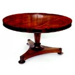 A WILLIAM IV OR EARLY VICTORIAN ROSEWOOD BREAKFAST OR LOO TABLE THE ROUND TOP ON FLARED PILLAR,