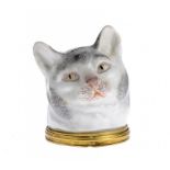 A FRENCH GILT BRASS MOUNTED SAMSON PORCELAIN CAT'S HEAD BONBONNIERE, C1900   6.5cm h, crossed