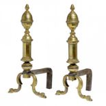 A PAIR OF BRASS ANDIRONS, POSSIBLY DUTCH, LATE 18TH/EARLY 19TH C  on swan's head feet, 46cm h ++In