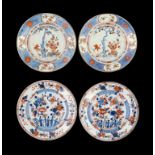 TWO PAIRS OF CHINESE IMARI PLATES, 18TH C   that with blue border painted with pine trees with green