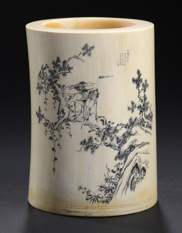 A CHINESE FINELY DECORATED IVORY BRUSH POT, EARLY 20TH C  with three storks on a venerable pine