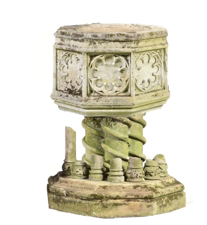 A VICTORIAN GOTHIC STONE FONT IN 15TH C STYLE, c1840  with octagonal bowl and spiral pillars, on