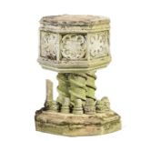 A VICTORIAN GOTHIC STONE FONT IN 15TH C STYLE, c1840  with octagonal bowl and spiral pillars, on