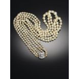 A THREE-STRAND NATURAL PEARL NECKLACE, WITH DIAMOND CLASP, LATE 19TH C   Sold with The Gem & Pearl