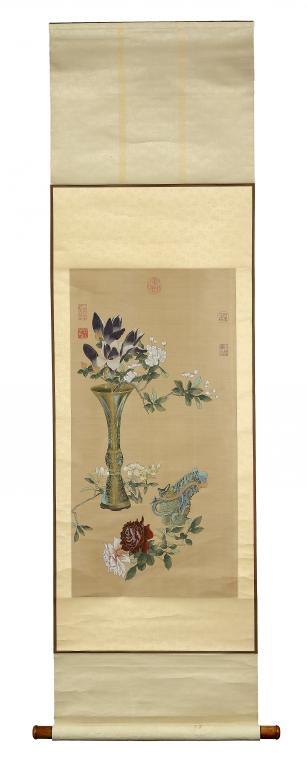 CHINESE SCHOOL  FLOWERS AND RITUAL BRONZE VESSELS  watercolour on woven silk,  red seals, scroll