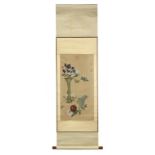 CHINESE SCHOOL  FLOWERS AND RITUAL BRONZE VESSELS  watercolour on woven silk,  red seals, scroll