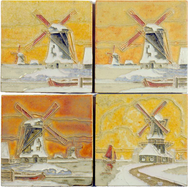 FORTY-EIGHT DUTCH FOUR INCH CLOISONNÉ WINDMILL TILES, DESIGNED BY L E F BODART AND MANUFACTURED BY