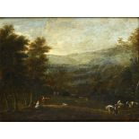 CONTINENTAL SCHOOL, 18TH C   WOODED LANDSCAPE WITH FIGURES AND A TRAIN OF PACK HORSES  oil on panel,