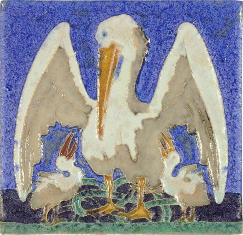 THIRTY-TWO DUTCH FOUR INCH CLOISONNÉ PELICAN TILES DESIGNED BY L E F BODART AND MANUFACTURED BY DE