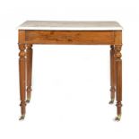 A VICTORIAN MAHOGANY SIDE TABLE, C1880  with marble top, a drawer to the frieze, pottery castors,