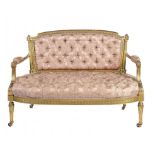 A LOUIS XVI STYLE GILTWOOD CANAPE, LATE 19TH C  the brass castors stamped COPE'S PATENT, 88cm h,