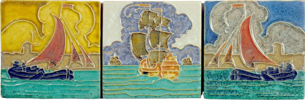 FIFTY-SEVEN DUTCH FOUR INCH CLOISONNÉ SHIP TILES, DESIGNED BY L E F BODART AND MANUFACTURED BY DE