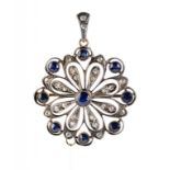 A SAPPHIRE AND DIAMOND FLOWERHEAD BROOCH PENDANT, C1900  with diamond loop, in gold ++Complete and