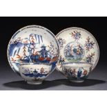 TWO WORCESTER 'CLOBBERED' TEA BOWLS AND SAUCERS, C1760-70  painted with the Waiting Chinaman or
