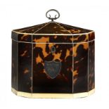 A GEORGE III TORTOISESHELL TEA CADDY, C1800 decagonal with ivory stringing and silver mounts, 13cm h