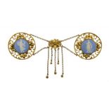 A FIN DE SIECLE GILTMETAL CLOAK CLASP SET WITH TWO WEDGWOOD BLUE AND WHITE JASPER BUTTON CAMEOS,